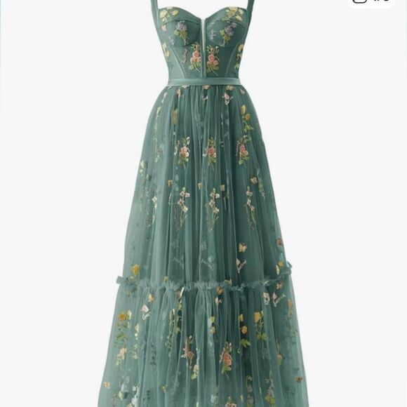 Corset Floral Embroidered Green Ruched Layered Tulle Flower  Midi Prom Dress - Picture 5 of 13